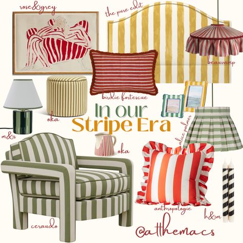 Products board showing home decor and furnishing which are striped Striped Pillows Living Room, Scalloped Decor, Cushion Photography, Parisian Stripes, Striped Couch, Striped Furniture, Grand Millennial Decor, Texture Board, Striped Chair