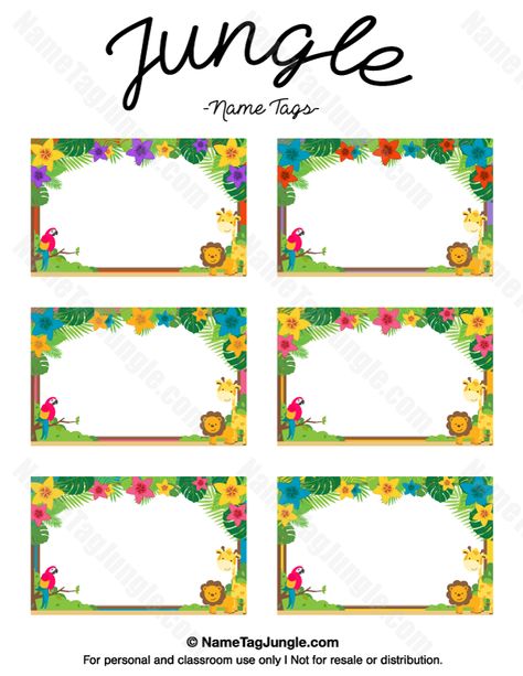 Free printable jungle name tags. The template can also be used for creating items like labels and place cards. Download the PDF at http://nametagjungle.com/name-tag/jungle/ Jungle Name Tags, Cubby Name Tags, Star Template Printable, Safari Food, Tag Template Free, Cubby Tags, Jungle Theme Classroom, Printable Label Templates, Printable Tags Template