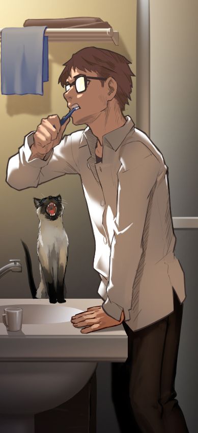 Safebooru - 1boy arm support as109 as109's cat bathroom brushing teeth cat collared shirt commentary request dress shirt faucet from side glasses indoors long sleeves male focus official art opaque glasses original pants shirt siamese cat sink solo wing collar | 2620254 Holding Cat Art Reference, Brushing Teeth Drawing Reference, Brushing Teeth Reference, How To Draw Collared Shirts, Shirt Collar Drawing, Collared Shirt Drawing, Brushing Teeth Drawing, Cat Bathroom, Teeth Drawing