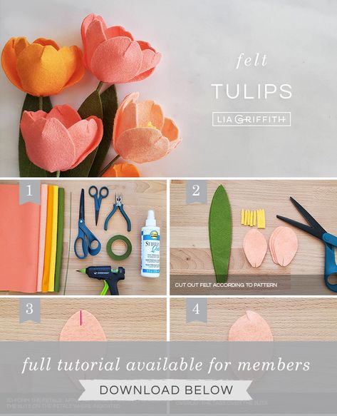 Spring Crafts: Learn How to Make Felt Tulips - Lia Griffith Felt Tulips, Felt Flower Template, Fun And Easy Crafts, Felt Bouquet, Felt Flower Tutorial, Diy Fleur, Felt Flowers Diy, Easy Paper Flowers, Paper Flower Wall Decor