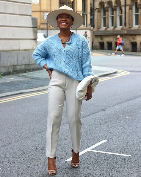 Sky Blue And Black Outfit, Sky Blue Cardigan Outfit, Sky Blue Pants Outfit, Sky Blue Cardigan, Blue Cardigan Outfit, Blue Pants Outfit, Blue Knit Cardigan, Monday Blues, Cardigan Outfits