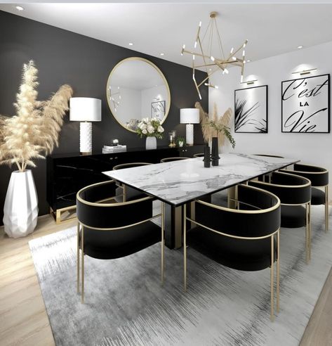 Modern Glam Dining Table, Black And Silver Dining Room, Marble Dining Table Decor, Monochrome Dining Room, Dining Room Glam, Dining Room Table Marble, Dining Room Interior Design, Gold Dining Room, Interior Design Dining Room