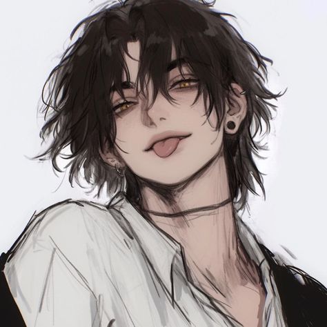 Hot Black Haired Anime Guy, Masc Icons Pfp, Heterochromia Eyes Character Art, Anime Man Hair Reference, Fluffy Curly Hair Drawing, Anime Art Style Men, Black Boy Pfp Drawing, Hair Drawing Base Male, Male Pfps For Discord Art