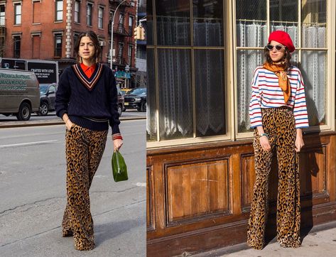 Leandra Medine wears leopard print in unexpected colour combinations. Man Repeller Style, Leopard Print Pants Outfit, Leandra Medine Style, Leopard Trousers, Printed Pants Outfits, Lifestyle Website, Mini Skirt Style, Leandra Medine, Leopard Print Pants