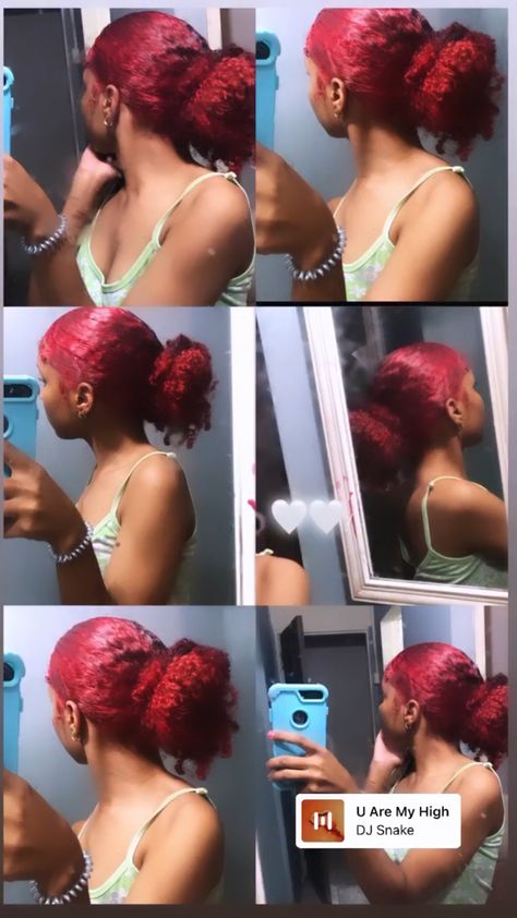 natural curly hair
hair dye
red hair dye
split color hair dye 
red hair dye in natural hair Red Hair On Natural Hair, Ruby Red Hair Color On Black Women, Red Hair Black Women Natural, Ruby Red Hair Dye, Red Natural Hair Black Women, Ruby Red Hair Color, Ruby Red Hair, Hair Dyer, Red Hair Dye