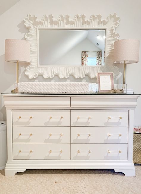 Southern Style Nursery, Modern Chic Nursery, Charleston Nursery, Nursery With Chandelier, Changing Table Styling, Scalloped Shelves Nursery, Baby Girl Nursery Dresser, Fancy Nursery, Nursery Ideas Southern