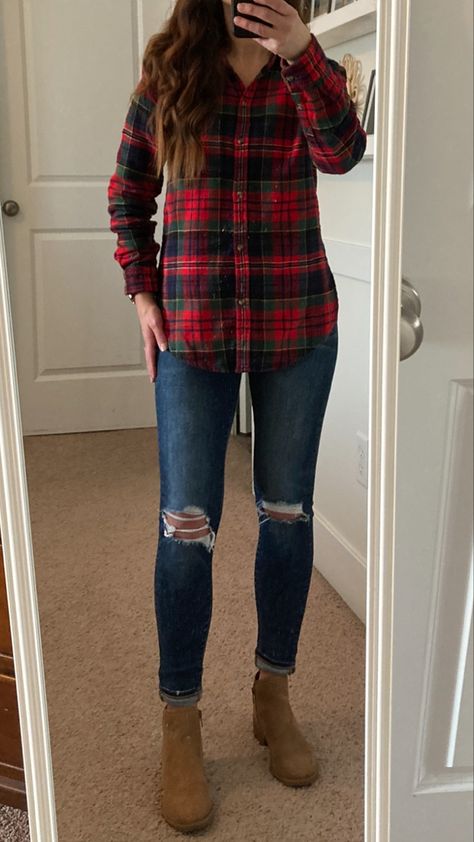 Red plaid flannel shirt, jeans, camel booties •fall outfit •red and blue flannel shirt •high-waisted distressed jeans •brown boots Red Flannel Shirt Outfit Women, Flannel Vest Outfit, Red Flannel Shirt Outfit, Red Plaid Shirt Outfit, Red Flannel Outfit, Green Flannel Outfit, Choir Outfits, Checked Shirt Outfit, Booties Outfit Fall