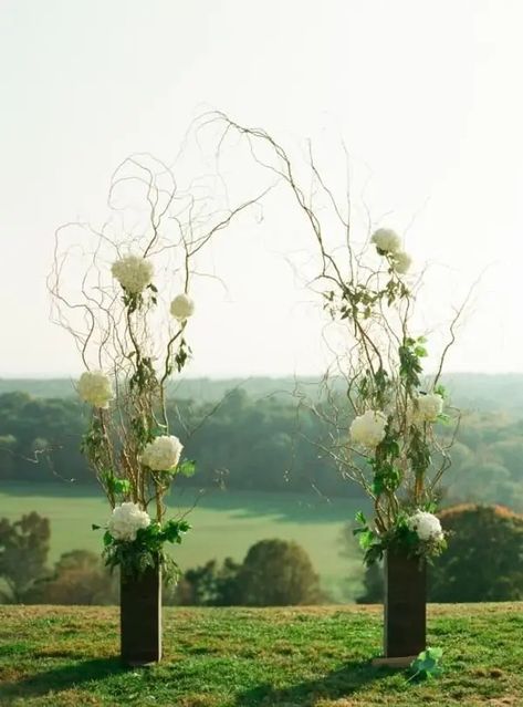 53 Wedding Arches Arbors and Backdrops ... Curly Willow Wedding, Branch Arch Wedding, Diy Wedding Arch, Wedding Alters, Flowers And Greenery, Arch Decoration, Hydrangeas Wedding, Wedding Arbour, Wedding Altars