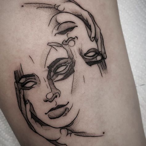 Gemini Themed Tattoo, Gemini Mask Tattoo, Gemini Two Face Tattoo For Men, Two Faced Woman Tattoo, Gemini Tattoo Faces, Gemini Tattoo Two Faces, Gemini Face Tattoo For Women, Gemini Tarot Card Tattoo, Gemini Tattoo For Men Zodiac