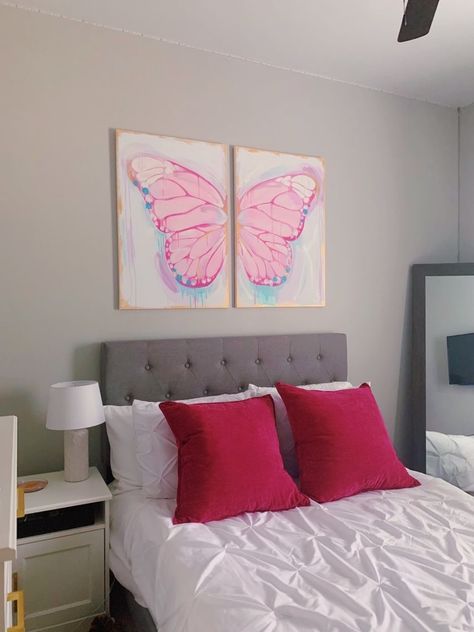 preppy wall art in bedroom; butterfly wall art; room decor, pink bedroom Butterfly Apartment Decor, Preppy Butterfly Painting, Large Statement Wall Art, Paintings Above Bed, Above Bed Canvas, Canvas Above Bed, Dorm Canvas Art, Dorm Paintings, Painting Above Bed