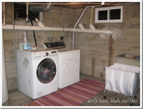 Laundry Room Makeover Basement, Basement Laundry Room Organization, Laundry Room Top Loader, Small Basement Laundry Room, Laundry Room Ideas Basement, Unfinished Basement Laundry Room, Unfinished Laundry Room, Unfinished Basement Laundry, Basement Laundry Room Makeover