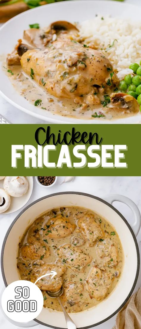 Easy chicken fricassee, loaded with amazing flavor, and a simple hack to make cooking it a breeze. French Chicken Dishes, Bacon Cream Sauce, French Chicken, Mushroom Bacon, Chicken Fricassee, Easy Weekday Meals, French Dishes, Chicken Dish, Juicy Chicken