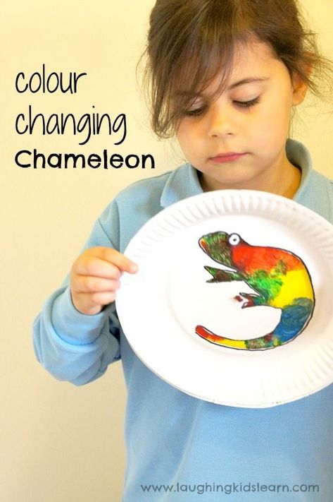 colour changing chameleon using a simple paper plate. Simple activity for kids. Cameleon Art, Chameleon Craft, Colour Activities, Camp Themes, Craft Activity For Kids, Arts And Crafts Storage, Arts And Crafts For Teens, Easy Arts And Crafts, Art And Craft Videos