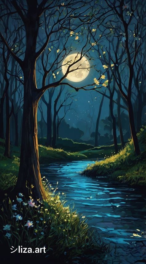 Tree At Night Painting, Night Forest Drawing, Forest At Night Painting, Night Scene Drawing, Pretty Paintings, Forest Drawing, Night Illustration, Scene Drawing, Background Designs