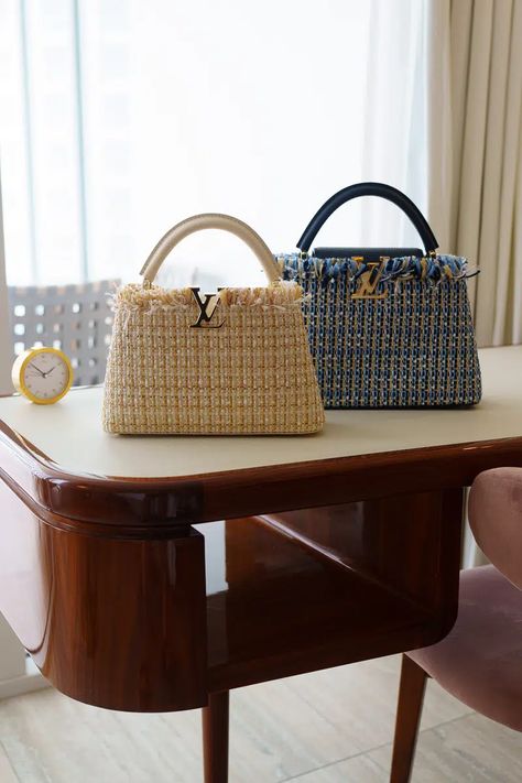 New Louis Vuitton Capucines from LV By The Pool - PurseBlog Lv Bag Capucines, Lv Capucines Mini, Louis Vuitton Capucines Crocodile, Louis Vuitton Capucines Mini, Cannes Louis Vuitton Bag, Louis Vuitton Capucines, Raffia Bag, Lv Bag, Leather Top