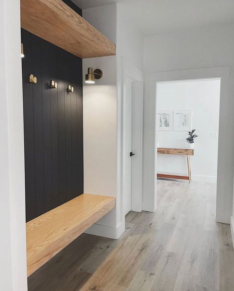 Mud Room Hallway Ideas, Backpack Drop Zone Small Spaces, Mid Century Mudroom, Hallway Mudroom Narrow, Small Mud Room Ideas Entryway Garage, Mudroom Wall Ideas, Mudroom Cubby, Basement Mudroom, Cabin Entryway