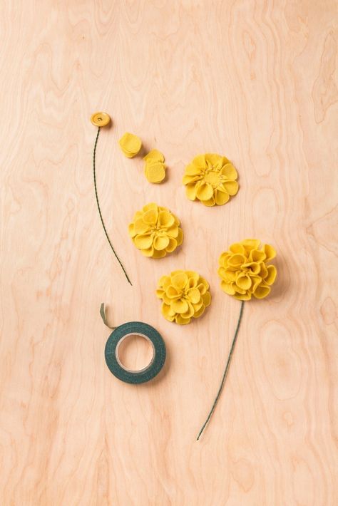 Felt Marigold Fabric Marigolds Diy, Felt Marigold, Maddie Joy, Felt Ball Crafts, Crepe Flowers, Make A Bouquet, Felt Decor, Yellow Marigold, Natural Dye Fabric