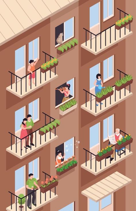 Balcony Neighbours Isometric Composition Balcony Illustration, Room Interior Colour, Living Room Vector, Character Flat Design, High Rise Apartment, Living Room Illustration, Workspace Essentials, Flat Design Icon, Cinema Design