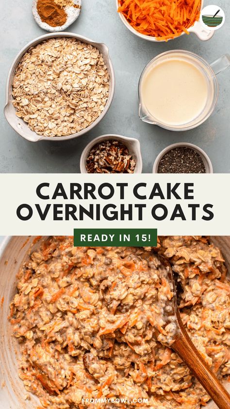 Easy Carrot Cake Overnight Oats taste like dessert thanks to layers of creamy oats, carrots, vegan yogurt, and chopped nuts in every bite. Vegan and Gluten-Free. Carrot Cake Oats, Oat Carrot Cake, Carrot Cake Overnight Oats, Cake Overnight Oats, Creamy Oats, Easy Carrot Cake, Quick Easy Vegan, Vegan Carrot Cakes, Gluten Free Bakery