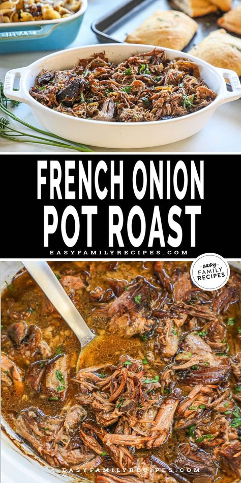 This French Onion Pot Roast is the most cozy, comforting, EASY dinner idea for a busy night. The slow cooker pot roast can be prepped in just 10 minutes and cooks hands off all day to tender perfection. This chuck roast recipe combines fresh onions with onion soup mix for a lusciously flavorful roast with both onion flavor infused in the roast with caramelized onions surrounding it. This kid friendly dinner is a huge hit when you want an easy to make recipe thats still filling and delicious. French Onion Pot Roast, Pot Roast Crock Pot Recipes, Chuck Roast Recipes, Cheap Meat, Meatless Meal, Table D Hote, Crockpot Roast, Pot Roast Slow Cooker, Recipe Dinner