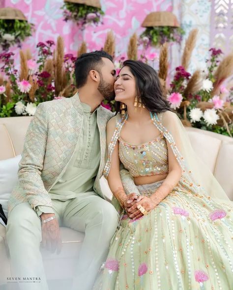 Couple Dress Matching Indian Wedding, Engagement Couple Dress, Engagement Portraits Poses, Engagement Dress For Groom, Wedding Matching Outfits, Haldi Ceremony Outfit, Reception Outfits, Indian Engagement, Sangeet Outfit