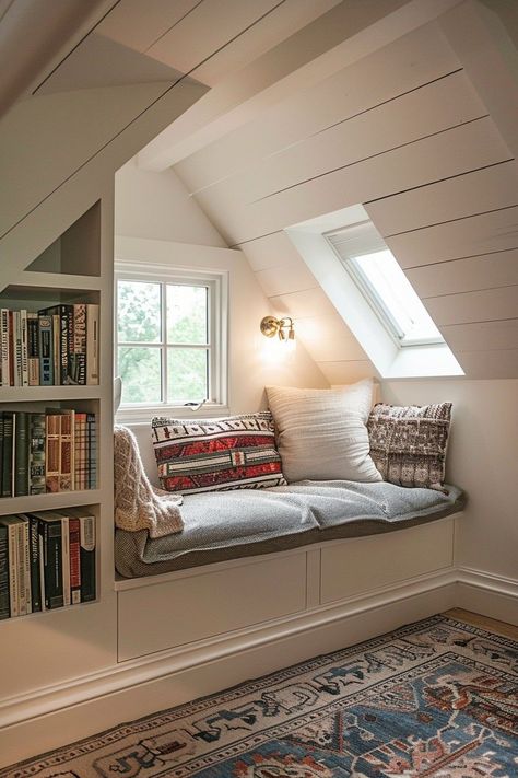 Slanted Ceiling Nook Ideas, Attic Bedroom Slanted Ceiling, Attic Bedroom Ideas Angled Ceilings Slanted Walls, Slanted Ceiling Interior Design, Slanted Attic Bedroom Ideas, Cottage Loft Ideas, Attic Room Ideas Slanted Walls, Colorful Craftsman, Attic Rooms Slanted Walls