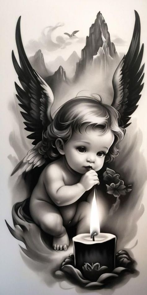 Baby Angel Drawing, Angle Tattoo, Baby Angel Tattoo, Skull Tattoo Flowers, Jesus Art Drawing, Sacred Heart Tattoos, Heaven Tattoos, Rose Drawing Tattoo, Mexican Art Tattoos