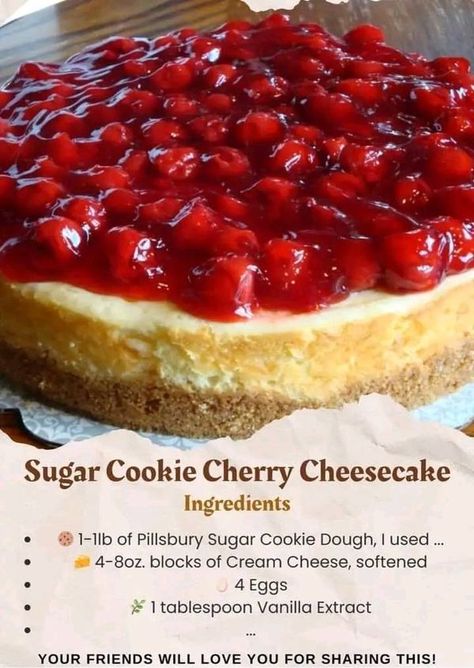 Chef Buddy Valastro �� | 🍒 Sugar Cookie Cherry Cheesecake 🍰 | Facebook Sugar Cookie Cherry Cheesecake, Cookie Crust Recipe, Pillsbury Sugar Cookie Dough, Pillsbury Sugar Cookies, Buddy Valastro, Sugar Cookie Crust, Cheesecake Pie, Cherry Cheesecake, Cheesecake Cookies