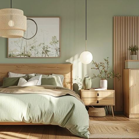 Chambre verte et bois : 15 superbes idées à découvrir ! Green Bed Bedroom Ideas, Boho Room Design, Scandanavian Interiors Bedroom, Green Bedroom Inspirations, Natural Bedroom Decor, Sage Green Bedroom, Hotel Room Design, Bedroom Deco, Guest Room Decor