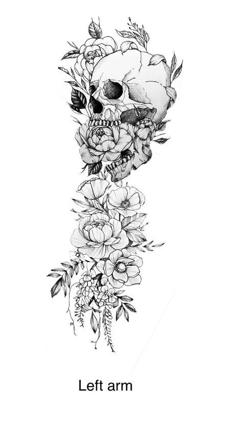 Full Thigh Sleeve Tattoo Women, Creepy Feminine Tattoos, Floral Skull Tattoos For Women, Skull And Flowers Tattoo Design, Floral Animal Tattoo, Gothic Tattoos For Women, Skull Tattoos For Women, Thigh Sleeve Tattoo, Pretty Skull Tattoos