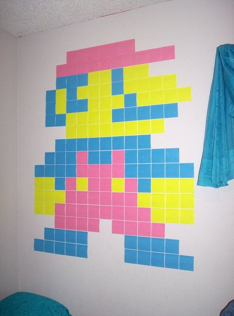 Tetris Classroom Theme, Sticky Note Window Art, Post It Window Art, Dorm Window Ideas Sticky Notes, Sticky Notes Ideas Wall Post It Art, Cheap Art Projects, Post It Art, Church Nursery Decor, Super Mario Bros Party