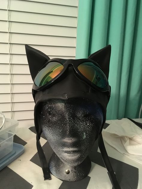 Upholstery vinyl (sewed), ears glued, and the Elope goggles Catwoman Costume Aesthetic, Catwoman Goggles, Catwoman Costumes, Catwoman Halloween, Catwoman Costume, Woman Costume, Cat Woman, Costume Inspo, Cat Woman Costume