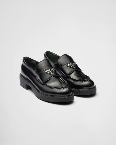 Black Chocolate brushed leather loafers | Prada Best Sandals For Men, Prada Loafers, Loafer Shoes Women, Beautiful Sandals, Patent Leather Loafers, Prada Leather, Best Sneakers, Prada Shoes, Trendy Shoes