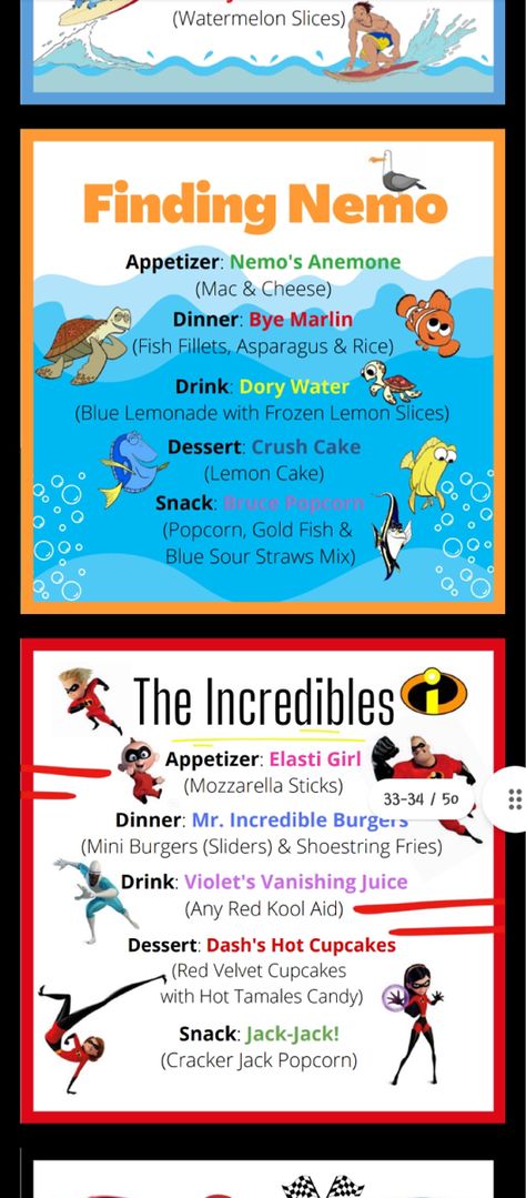 Disney Movie Night Menu Finding Nemo, Pixar Inspired Food, Daycare Movie Day Ideas, Finding Nemo Themed Dinner, Finding Nemo Movie Night Food, Nemo Dinner And A Movie, Family Movie Dinner Night, Disney Dinner Ideas Movie Nights, Harry Potter Inspired Dinner Recipes