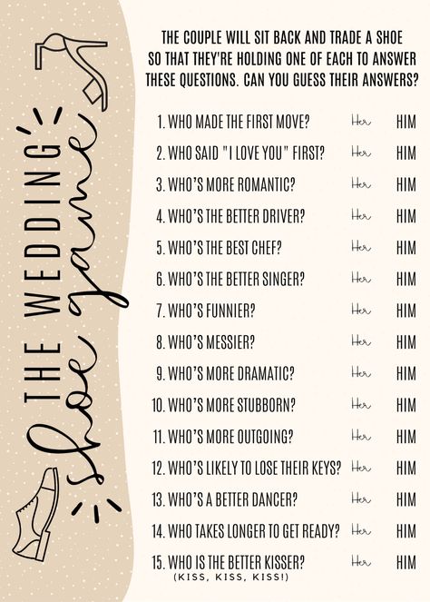 60 Wedding Shoe Game Questions + FREE Printable - Peachy Party Shoe Game Engagement Party, Mr And Mrs Game Questions, The Wedding Shoe Game Questions, Bridal Shower Shoe Game Questions, Wedding Game Questions, Him Or Her Game Questions, The Shoe Game Wedding, Wedding Games For Reception Indoor, Bridal Shower Game Questions