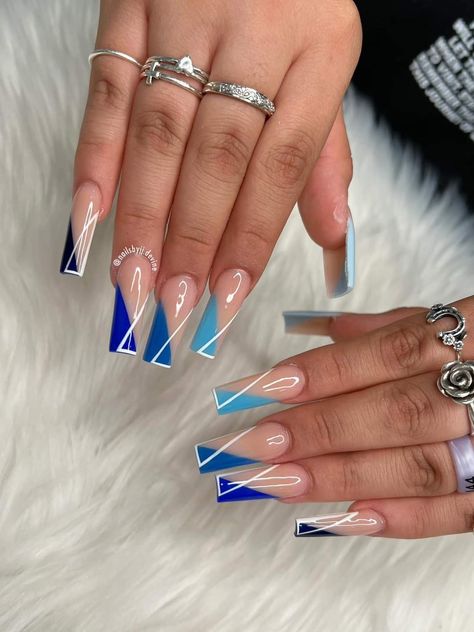 Half Polished Nails, Long Acrylic Nails Square Ideas Pretty, Colorful French Nail Designs, Trendy Coffin Acrylic Nails, Long Nail Designs Blue, Dope Nail Designs Coffin, Blue Summer Acrylic Nails, Bahamas Nail Ideas, Blue Trendy Nails