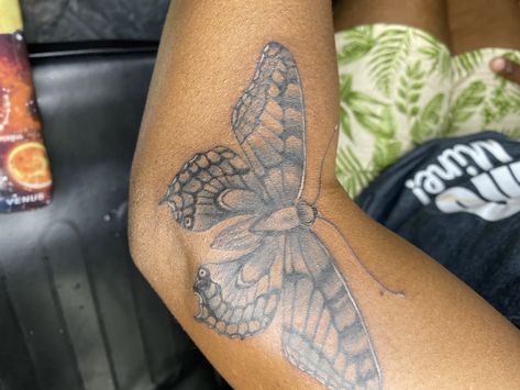 Butterfly Tattoo Open And Close On Arm, Butterfly Tattoo Under Elbow, Elbow Side Tattoo, Elbow Pit Tattoos For Women, Side Of Elbow Tattoos For Women, Elbow Tattoo Butterfly, Butterfly On Elbow Tattoo, Butterfly Tattoo On Elbow, Side Of Elbow Tattoo