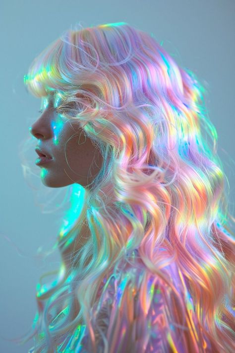 Dare to Shine: Rockstar Rainbow Hair Ideas Holo Hair Color, Rainbow Magic Aesthetic, Prismatic Aesthetic, Prism Hair Color, Holographic Hair Color, Holographic Aesthetic, Iridescent Hair, Space Hair, Holographic Hair