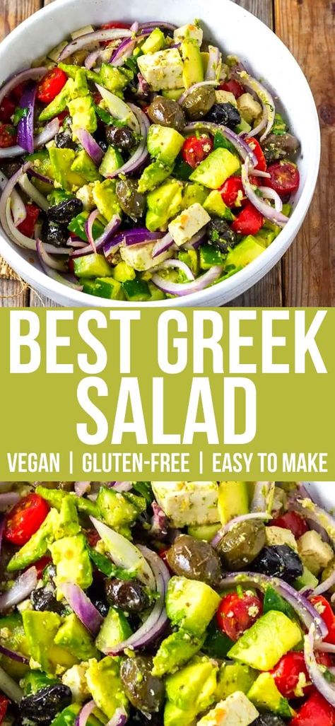 Vegan Salad Recipes Easy, Vegetarian Greek Salad, Salad Vegan Recipes, Vegan Feta Salad, Vegan Recipes With Cucumber, Vegan Avocado Salad, Greek Recipes Vegan, Greek Tacos, Vegan Mediterranean Salad