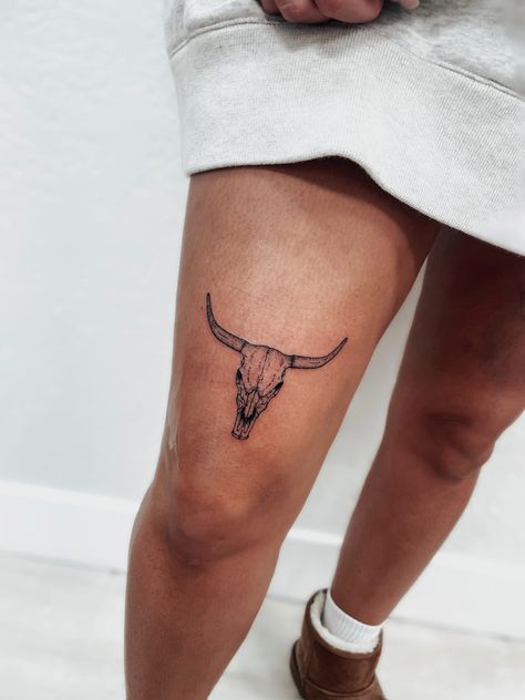 Legs Tattoos For Women Thigh Tat, Womens Tattoos Dainty, Bull Tattoo Leg, Girly Longhorn Tattoo, Bullhorn Tattoo Women, Small Mens Tattoos Ideas, Longhorn Tattoo Above Knee, Bull Skulls Tattoo, Random Leg Tattoos Women