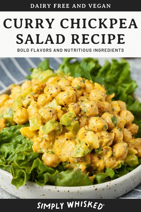 This simple curry chickpea salad is full of flavor and protein. It makes a great healthy lunch or an easy, dairy free side dish. Curry Chickpea Salad, Curried Chickpea Salad, Chic Peas, Chickpea Salad Recipes, Vegan Curry, Chickpea Salad, Health Recipes, Salad Bar, Salad Ingredients