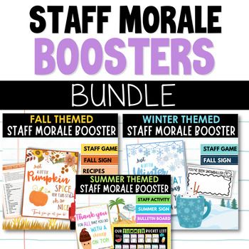 Boost your Staff Morale with seasonal activities and tokens of appreciation. This bundle includes morale boosters for the fall, winter and summer! Keep your staff morale high with fun recipe activities, scavenger hunts, treats and cute bulletin boards. Check out this bundle to see all the fun! Staff Morale Booster Bulletin Boards, Teacher Staff Morale Boosters, Monthly Staff Morale Boosters, Staff Morale Booster, Staff Ideas, Work Games, Sunshine Committee, Teacher Morale, Cute Bulletin Boards