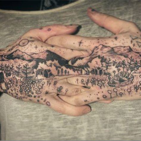 It's magical how Longhaul can squeeze such complex yet simply rendered landscapes into such small parts of the body. #blackandgrey #empowerment #hands #landscape #LGBT #magic #nature #Noel'leLonghaul #transgender #witchcraft Tattoo Zone, Dot Tattoos, Plant Tattoo, B Tattoo, Mountain Tattoo, Best Sleeve Tattoos, Sleeve Tattoos For Women, Tattoo Work, Tag Photo