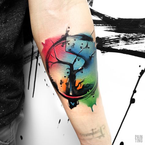 Colourful Tattoo Ideas For Men, Small Color Tattoo For Men, Color Tattoo For Men Arm, Colour Splash Tattoo, Watercolor Tattoo Men, Ismail Abi, Protector Tattoo, Splash Tattoo, Watercolor Dragon Tattoo