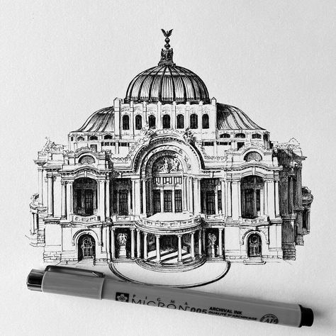 Mark Poulier, Mexico Tattoo, Pen Work, City Sketch, City Tattoo, Palace Of Fine Arts, Architecture Sketchbook, Architecture Drawing Art, Architectural Drawings