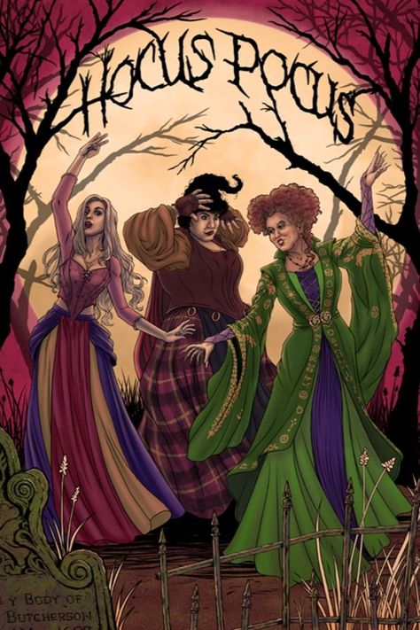 Illustration with the three witches from the hocus pocus movie. Hocus Pocus Painting Ideas, Hocus Pocus Artwork, Hocus Pocus Colors, Hocus Pocus Color Palette, Hocus Pocus Illustration, Hocus Pocus Images, Hocus Pocus Coloring Pages, Hocus Pocus Poster, Spookie Season