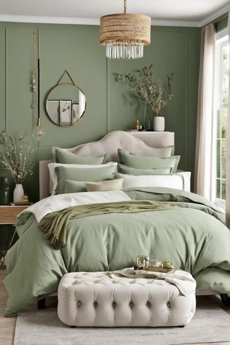 1. Bedroom decor
2. Color combinations
3. Sage green inspiration
4. Interior design ideas Sage Guest Bedroom Ideas, Green Couples Bedroom, Light Green Home Decor, Sage Comforter Bedroom Ideas, Sage Bedroom Ideas Colour Palettes, Green Bedroom White Furniture, Light Green And White Bedroom, Sage Green Teenage Girl Bedroom, Green Bedroom Accents