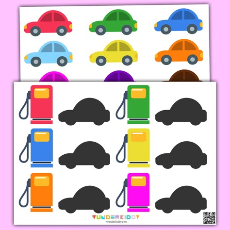 The color match worksheets «Gas Station» are meant to learn colors, group objects according to their common feature and develop logical thinking and attentiveness. The game task is to «tank» cars from the fuel pump of the same color. Print out colorful worksheets and cut out all the colored cars. Then mix up all the cars and invite your child to take cars one by one and find for each one the fuel pump matching by color. Ask the child to name the colors while playing. Cars Activities For Toddlers, Color Matching Preschool, Toddler Car Activities, Playdate Activities, Transportation Theme Preschool, Game For Preschoolers, Animal Activities For Kids, Car Activities, Transportation Preschool