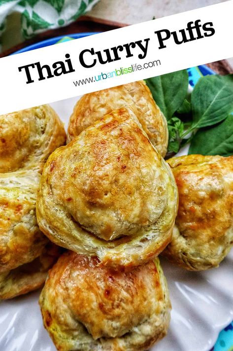 These Thai Curry Puffs are popular Thai appetizers that are delicious and easy to make at home. Get the recipe with step-by-step instructions at UrbanBlissLife.com. Thai Curry Puffs Recipe, Thai Appetizers, Curry Puff Recipe, Puff Pastry Bites, Thai Appetizer, Curry Puffs, Pastry Bites, Crispy Snacks, Curry Puff