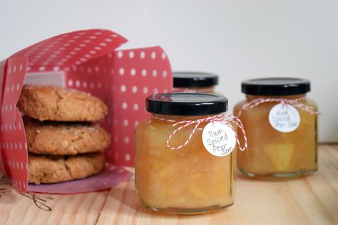 A recipe for a rum spiced pear jam, perfect for holiday enjoyment and gifts, particularly when paired with Gingerbread Scones. Spiced Pear Jam Recipe, Spiced Pear Jam, Pear Jam Recipe, Gingerbread Scones, Orange Marmalade Recipe, Pear Preserves, Blueberry Jam Recipe, Wine Jelly, Christmas Jam